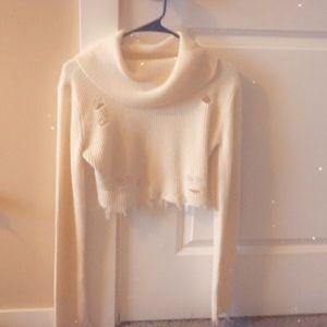 Cream Colored Cowl Neck Cropped Sweater